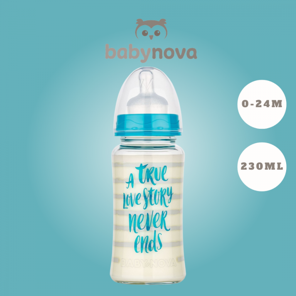 Baby Nova - მინის განიერ ყელიანი ბოთლი სილიკონის საწოვარით - 230 მლ ლურჯი  (კოდი: 44240)