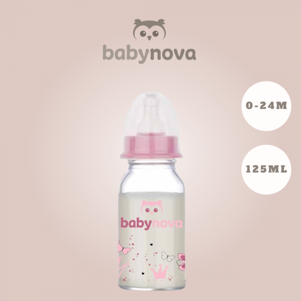 Baby Nova - მინის სტანდარტული საკვები ბოთლი სილიკონის საწოვარით - 125 მლ   (კოდი: 44606)