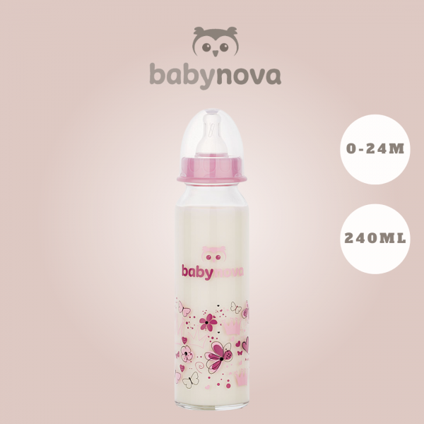 Baby Nova - მინის სტანდარტული ბოთლი სილიკონის საწოვარით (0-24 თვე)- 240 მლ კოდი:43706 
